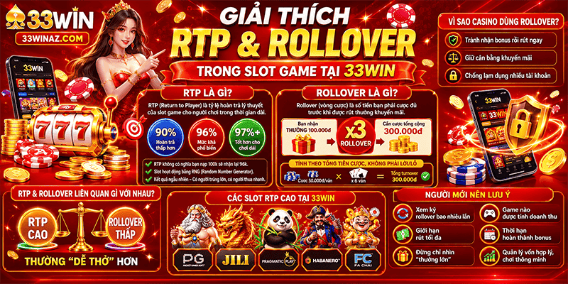 Giải thích RTP và rollover trong slot game tại 33WIN 